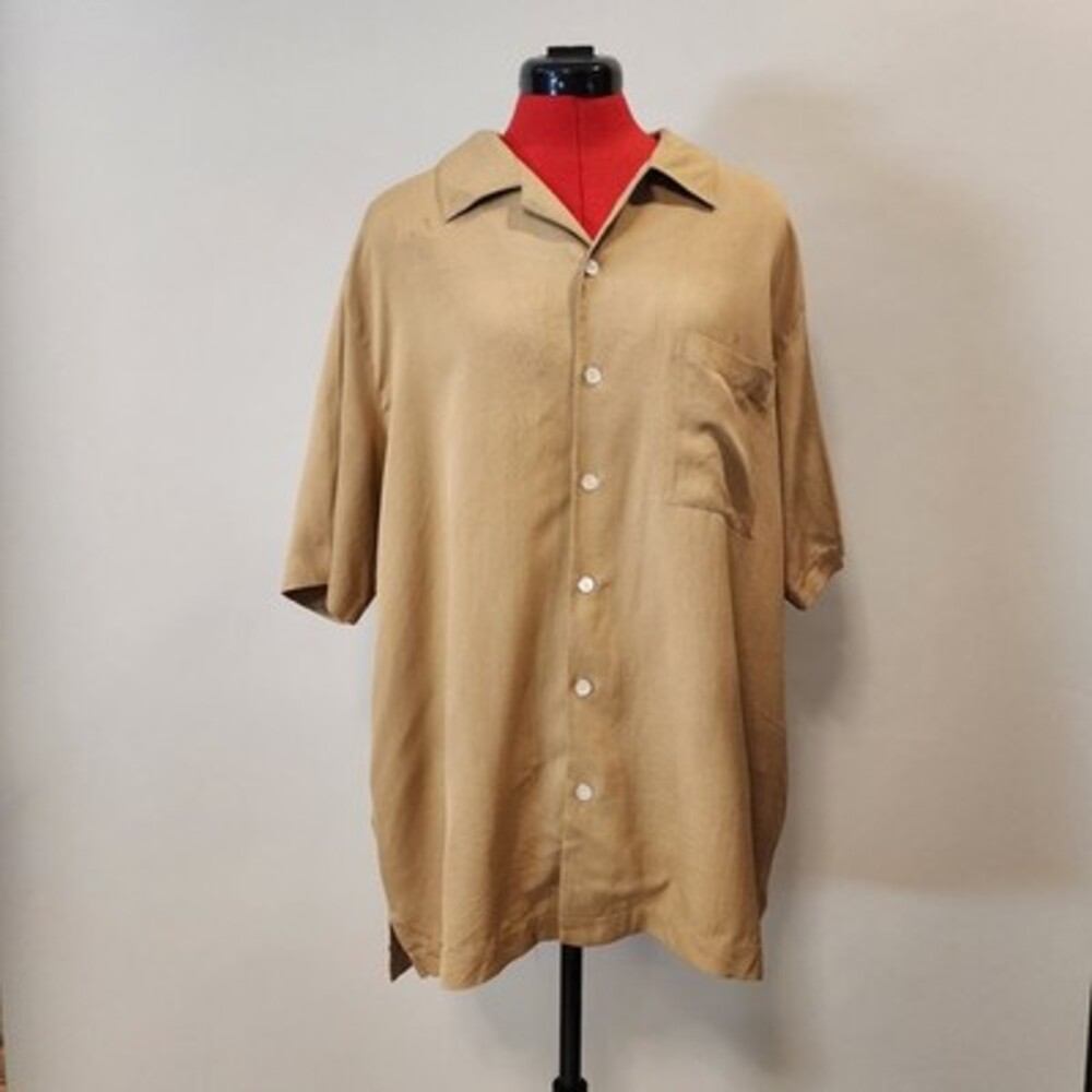 Brandini 100% Silk Mens Short Sleeve Button-Up Shirt Tan Lightweight L Collared